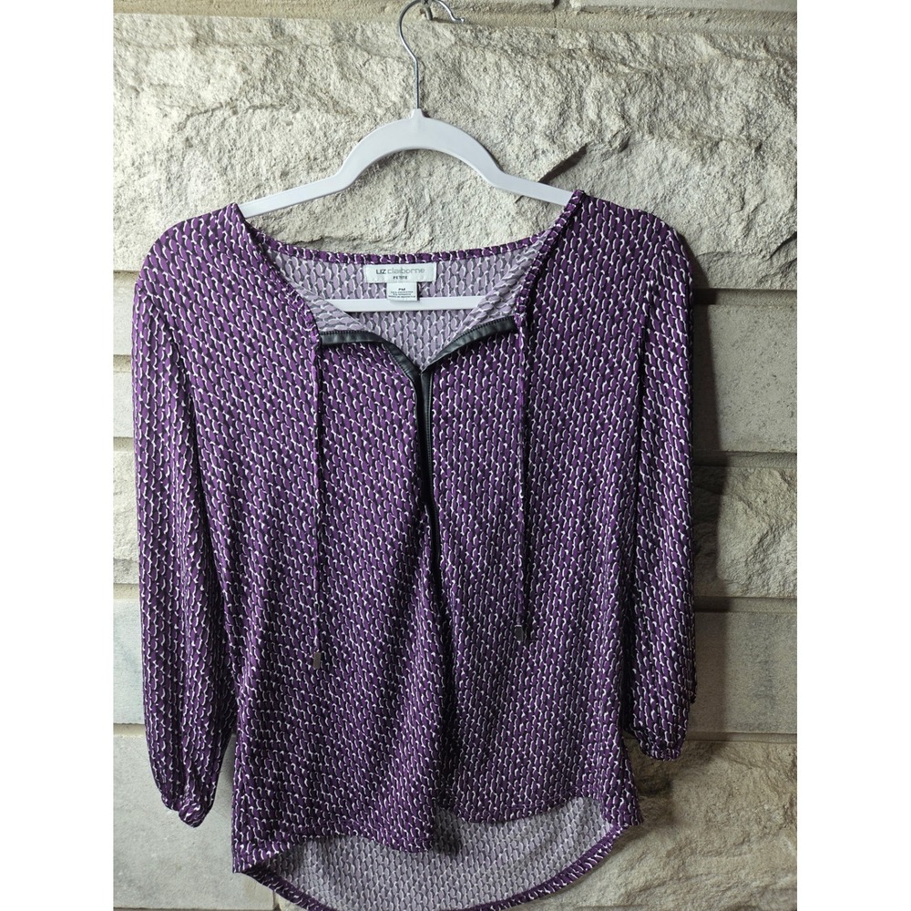 Liz Claiborne Petite Purple Geometric Split Neck Blouse Faux Leather Trim PM